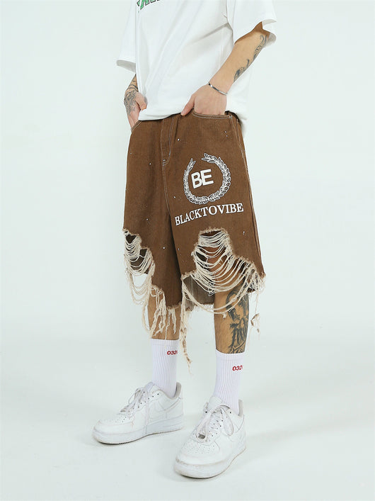Pantalones Cortos Denim Rotos Hombre Estilo Urbano Pierna Ancha - Image 9