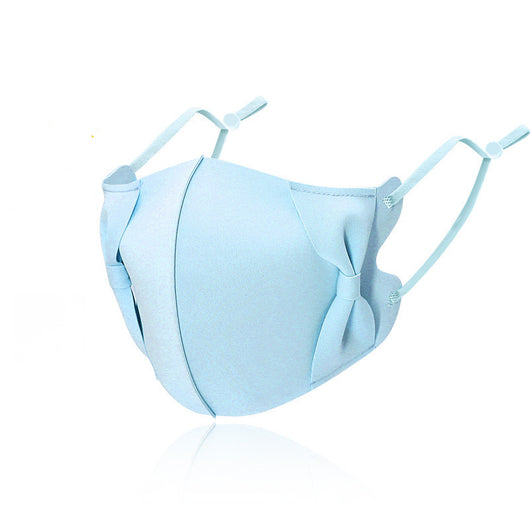 Light blue ice silk face mask with decorative bows on the sides and adjustable ear loops, shown on a white background. - Image 15