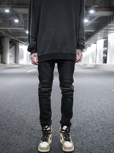 Jeans Slim Fit Biker con Parches de Cuero y Cierre Elástico - Image 3
