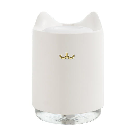 White mini USB humidifier with cat ears and a gold cat nose/mouth emblem, featuring a clear water tank base. - Image 10