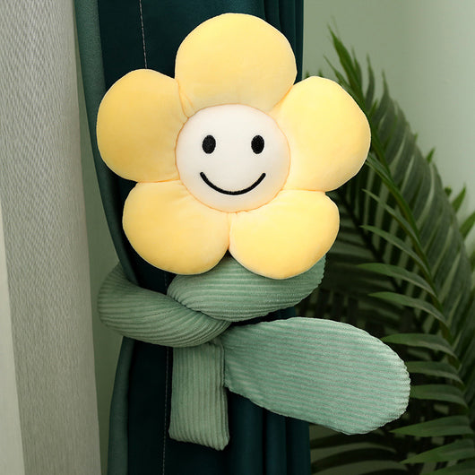 Plush white sunflower curtain buckle with a yellow smiley face center and green stem, holding back a dark green curtain. - Image 16