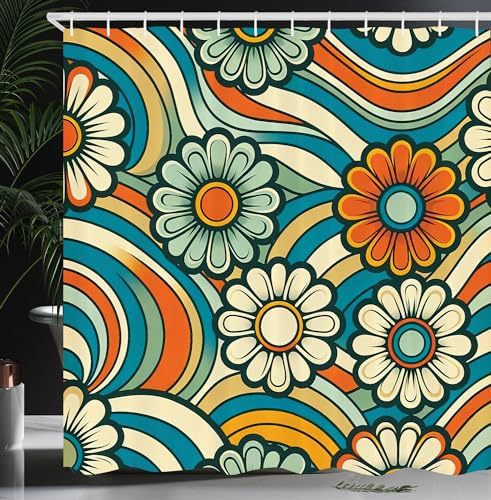 Retro floral shower curtain with wavy stripes in blue, orange, green, and cream colors. - Image 4