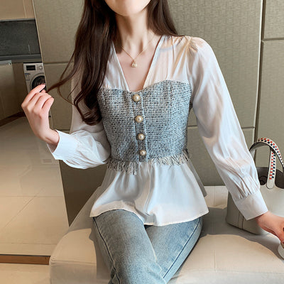 Blusa Elegante Hada de Temperamento - Cuello en V, Manga Larga y Cintura Ajustada - Image 4