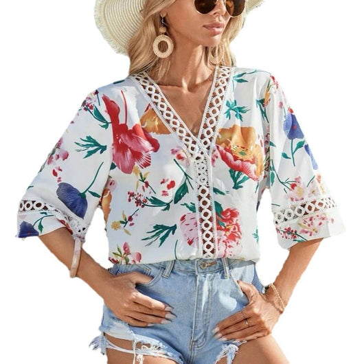 Blusa Elegante Suelta con Escote en V y Mangas Acampanadas de Encaje - Image 2