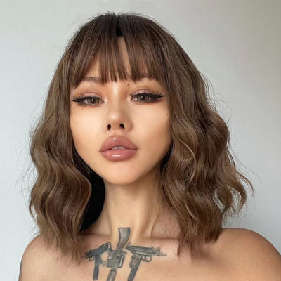 Peluca Ondulada con Flequillo Aéreo - Cabello Humano Artificial Estilo Onda Pequeña