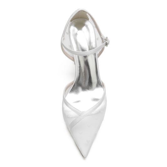 Zapatos de Novia Blancos con Punta Fina y Tacón Robusto - Encaje Hueco Transparente - Image 2