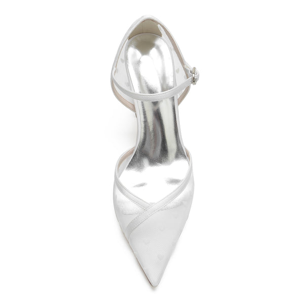 Zapatos de Novia Blancos con Punta Fina y Tacón Robusto - Encaje Hueco Transparente