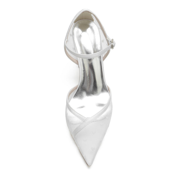 Zapatos de Novia Blancos con Punta Fina y Tacón Robusto - Encaje Hueco Transparente