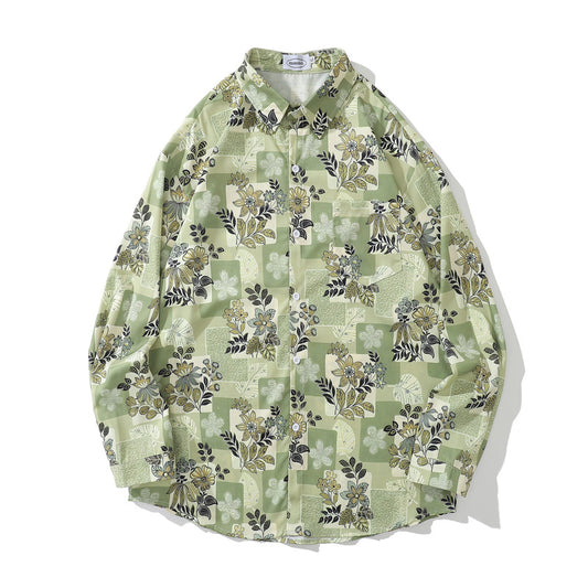 Camisa Manga Larga Estilo Retro Japonés con Estampado Floral para Hombre