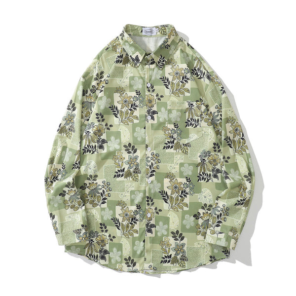 Camisa Manga Larga Estilo Retro Japonés con Estampado Floral para Hombre