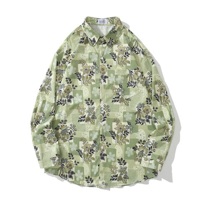 Camisa Manga Larga Estilo Retro Japonés con Estampado Floral para Hombre