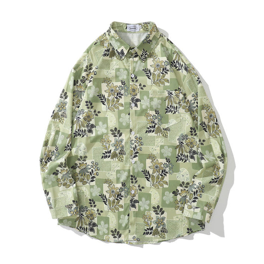 Camisa Manga Larga Estilo Retro Japonés con Estampado Floral para Hombre