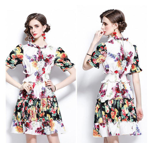 Vestido Estampado de Rosas con Mangas Linterna