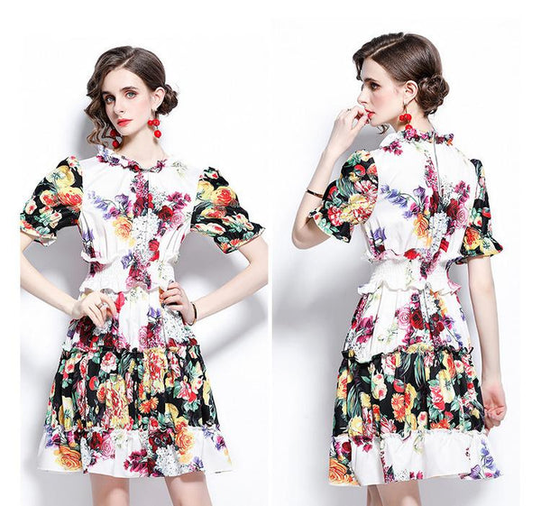 Vestido Estampado de Rosas con Mangas Linterna