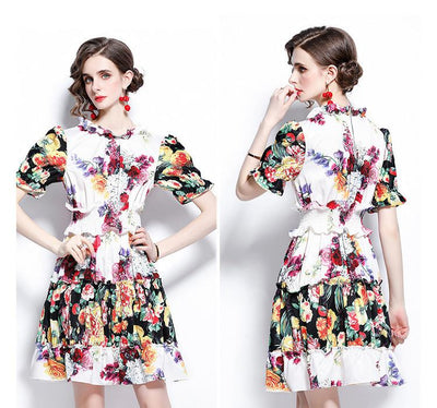 Vestido Estampado de Rosas con Mangas Linterna