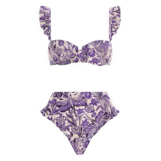 Purple and white floral high-waisted bikini with ruffled straps and push-up bandeau top. - Image 6