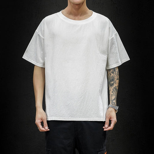 Blusa Holgada de Algodón y Lino Talla Grande - Manga Corta Color Sólido