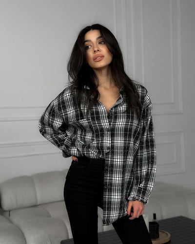 Camisa Cuadriculada Retro Negro y Blanco con Cristales Adhesivos Fashion - Image 17