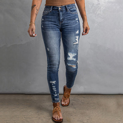 Jeans Ajustados de Cintura Alta con Orillo Desgastado para Mujer - Image 3