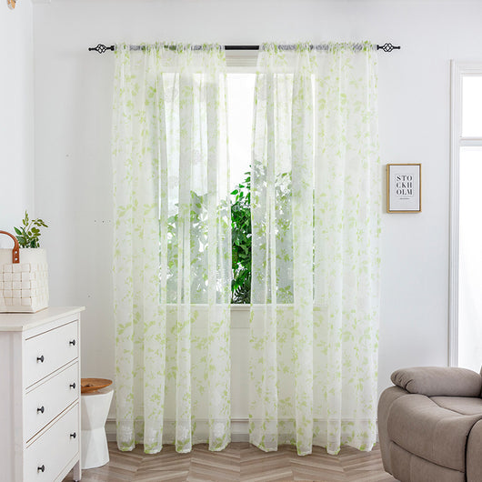 Sheer white mesh curtains with purple and light blue floral patterns, hung on a black rod in a bright room. - Image 22