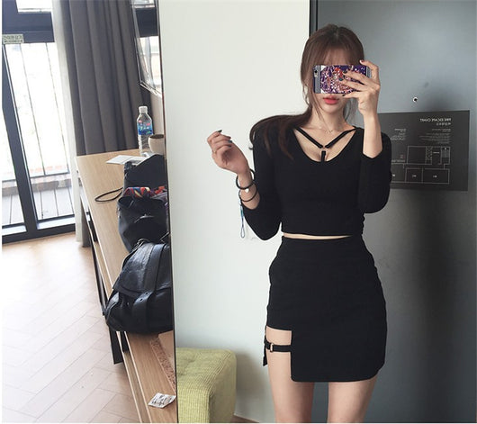Falda Negra Coreana Bodycon Corta con Dobladillo Irregular - Image 7