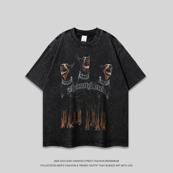 Playera Holgada Doberman Pinscher Estilo Urbano Desgastada para Hombre y Mujer