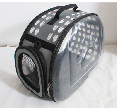 Gray and black pet carrier with a clear bubble window featuring paw prints and a mesh side for ventilation. - Image 18