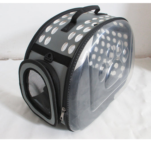 Gray and black pet carrier with a clear bubble window featuring paw prints and a mesh side for ventilation. - Image 18