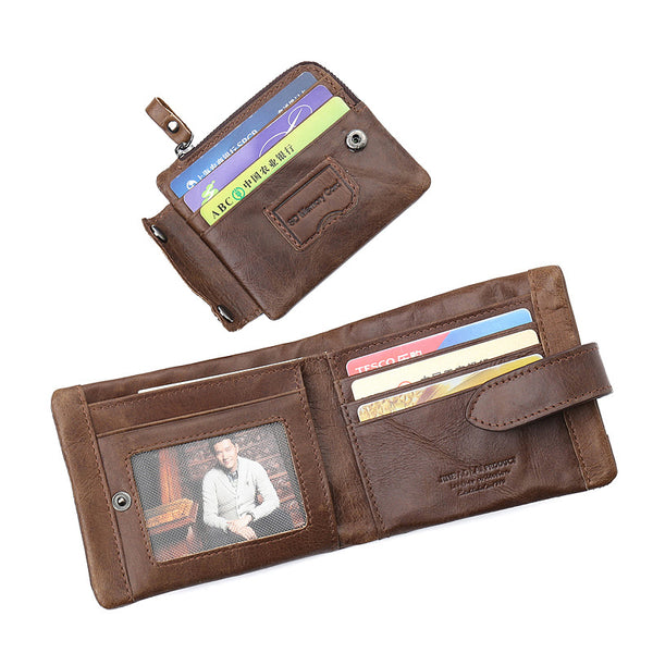 Billetera Corta de Cuero Genuino para Hombre con Cierre y Hebilla Vintage