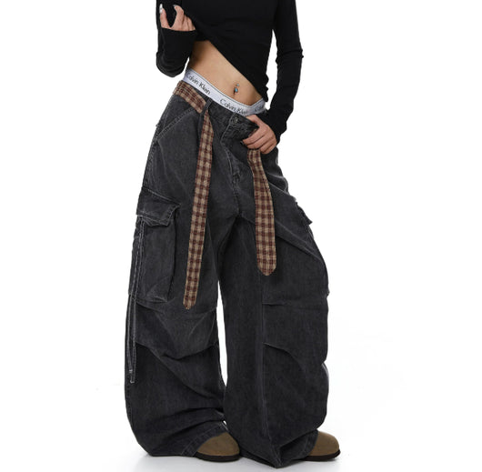 Pantalones Rectos Anchos a Cuadros con Cinturón y Detalles Desgastados - Image 3