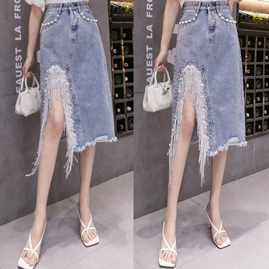 Falda Denim Irregular con Lentejuelas, Flecos y Abertura Alta