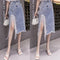Falda Denim Irregular con Lentejuelas, Flecos y Abertura Alta