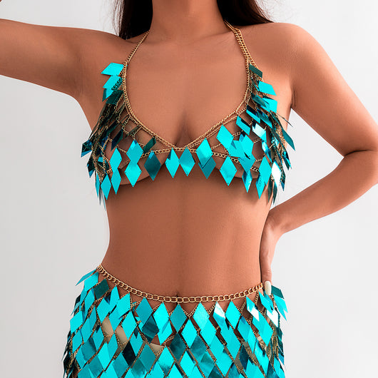 Woman wearing a gold-tone body chain top with iridescent pink and orange diamond-shaped sequins, perfect for beach or festival. - Image 8