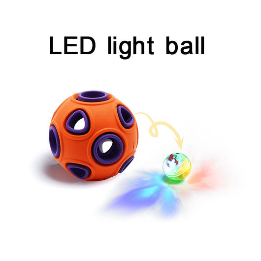 Blue and orange rubber pet toy ball with multiple circular cutouts, designed for interactive play and chewing. - Image 9