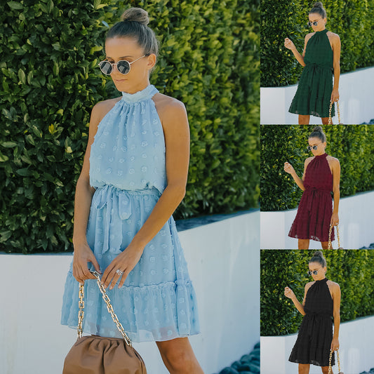 Vestido Halter de Chifón con Escotes Jacquard