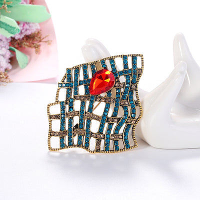 Broche Retro de Diamante Hueco en Malla Azul