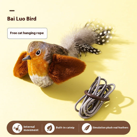 Plush bird cat toy with orange chest, grey body, feathered tail, and an elastic string for interactive play. - Image 22