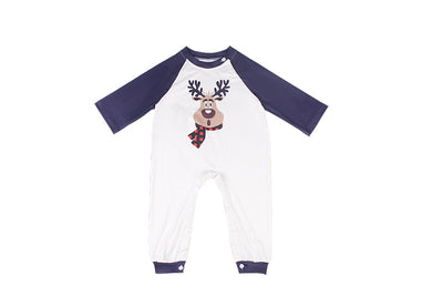 White and navy blue baby romper with a reindeer graphic wearing a red plaid scarf, featuring long raglan sleeves and snap closures. - Image 11