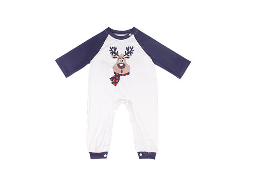 White and navy blue baby romper with a reindeer graphic wearing a red plaid scarf, featuring long raglan sleeves and snap closures. - Image 11