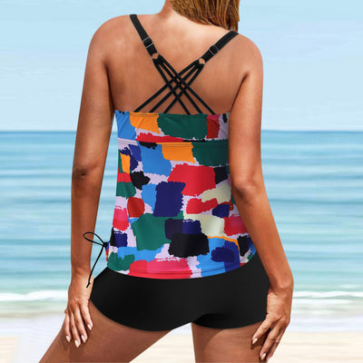 Fuchsia pink tankini swimsuit for women featuring a pleated halter top and matching swim shorts, modeled on a beach. - Image 32