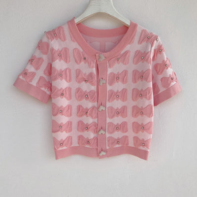 Cardigan Corto Tejido con Lazo y Detalles de Perlas - Ajustado y Versátil - Image 4