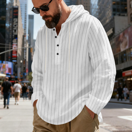Camisa Lino Holgada Talla Grande Hombre a Rayas con Capucha - Image 18