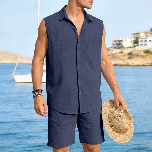 Conjunto de Camisa y Pantalones Cortos de Lino para Hombre - Image 33