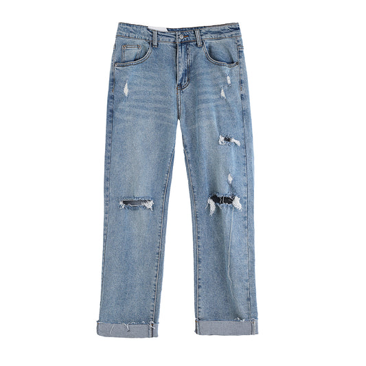 Pantalones Vaqueros Rotos Hombre Estilo Retro Japonés Cintura Suelta Pierna Recta