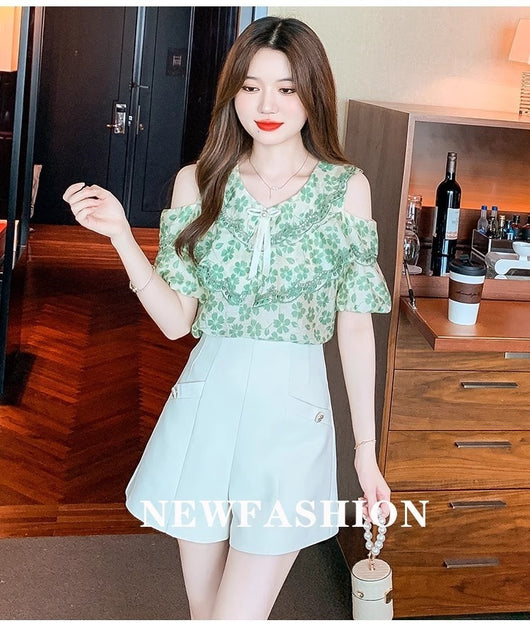 Blusa Chiffon Floral Hombro Descubierto - Camisa Romántica de Manga Corta - Image 18