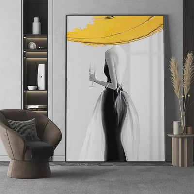 Cuadro Abstracto Mujer Moderna Sombrero Amarillo - Arte Óleo Nórdico Lujo para Sala