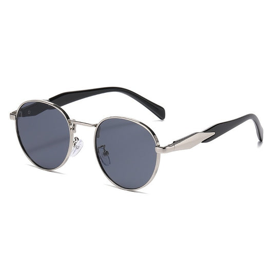 Silver metal round frame sunglasses with dark grey lenses and black temples, offering UV protection for women. - Image 7