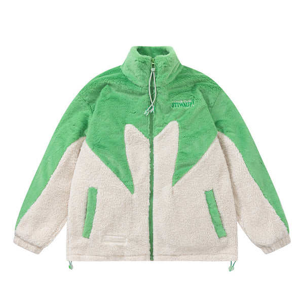 Chaqueta Acolchada Hip Hop con Bloque de Colores y Bordados en Lana de Cordero