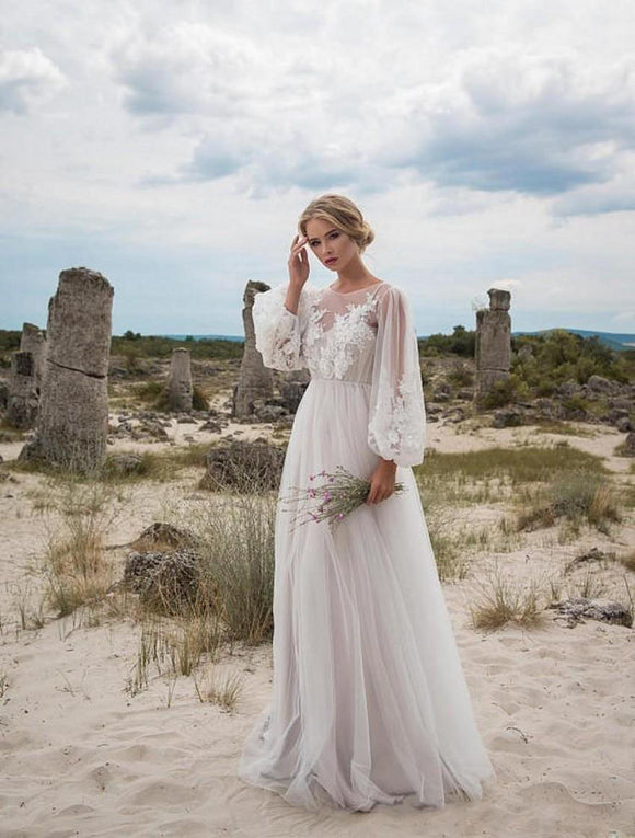 Vestido de Novia Elegante con Cuello Redondo y Bordado en Gasa