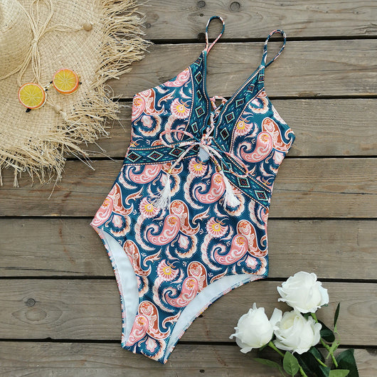 Traje de Baño Enterizo Escote Profundo Estampado Flor de Cashew - Image 5